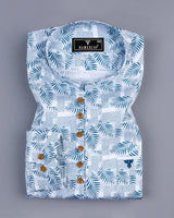 Blue Palm Leaf Printed Cotton Shirt Style Kurta