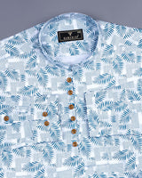 Blue Palm Leaf Printed Cotton Shirt Style Kurta