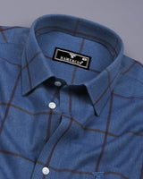 Pluto Blue With Brown Plaid Flannel Twill Check Cotton Shirt