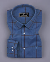 Pluto Blue With Brown Plaid Flannel Twill Check Cotton Shirt