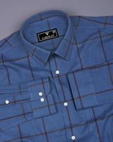 Pluto Blue With Brown Plaid Flannel Twill Check Cotton Shirt