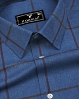 Pluto Blue With Brown Plaid Flannel Twill Check Cotton Shirt