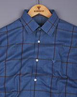 Pluto Blue With Brown Plaid Flannel Twill Check Cotton Shirt