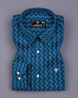 French Blue With White And Black Printed Premium Cotton Shirt