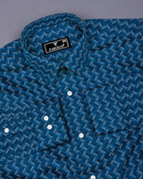 French Blue With White And Black Printed Premium Cotton Shirt
