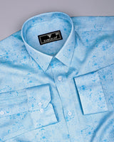 Virgo Water Blue With White Printed Cotton Shirt