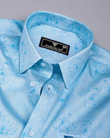 Virgo Water Blue With White Printed Cotton Shirt