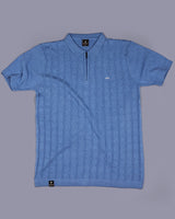 Tbesta SkyBlue Knitted Melange Cotton Zipper Polo T-Shirt
