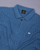Eclipse Blue Knitted Cotton Zipper Polo T-Shirt