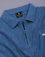 Eclipse Blue Knitted Cotton Zipper Polo T-Shirt