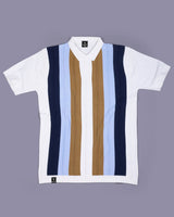 Blue With White Candy Stripe Knitted Cotton Polo T-Shirt