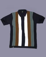 Brown With Black Candy Stripe Knitted Cotton Polo T-Shirt