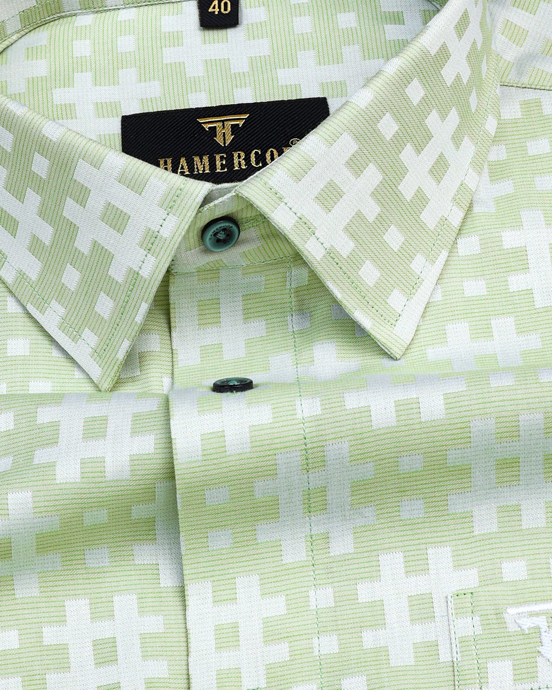 Mikado Green With White Designer Dobby Premium Gizza Shirt