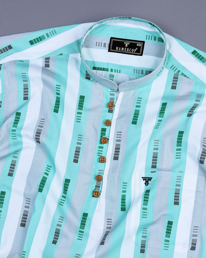 Chiffon Turquoise Blue MultiStriped Cotton Shirt Style Kurta