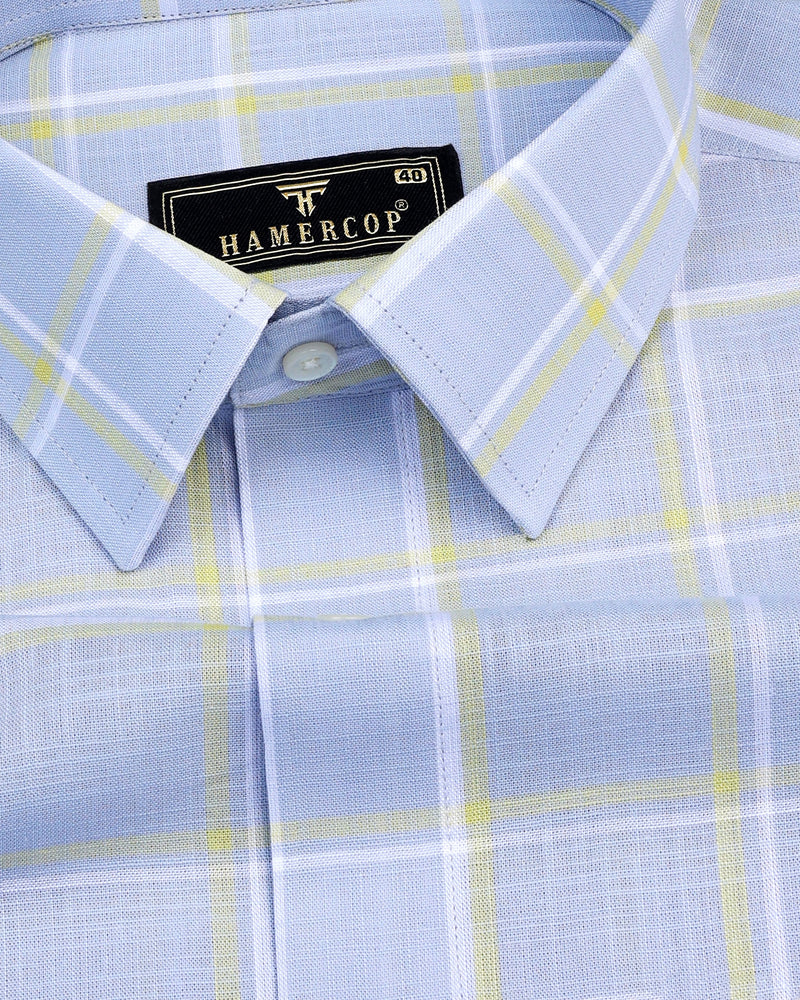 Wrefal Silver Blue Check Linen Cotton Formal Shirt