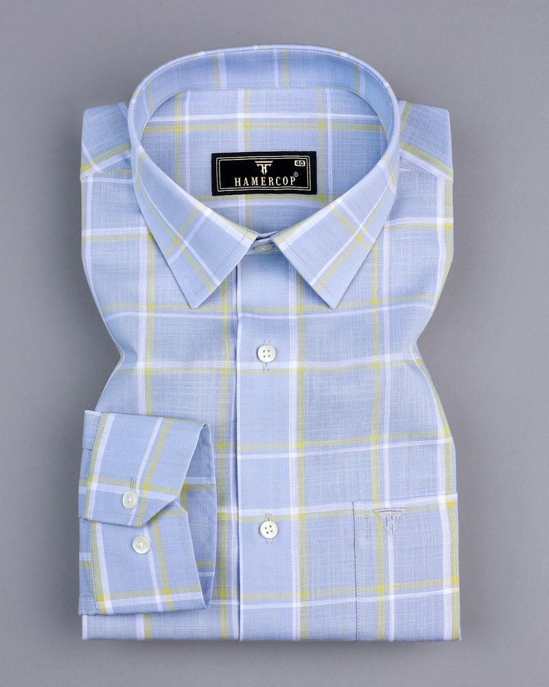 Wrefal Silver Blue Check Linen Cotton Formal Shirt