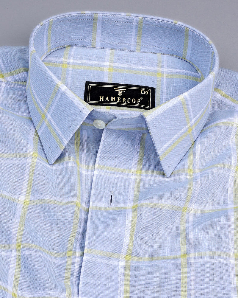 Wrefal Silver Blue Check Linen Cotton Formal Shirt
