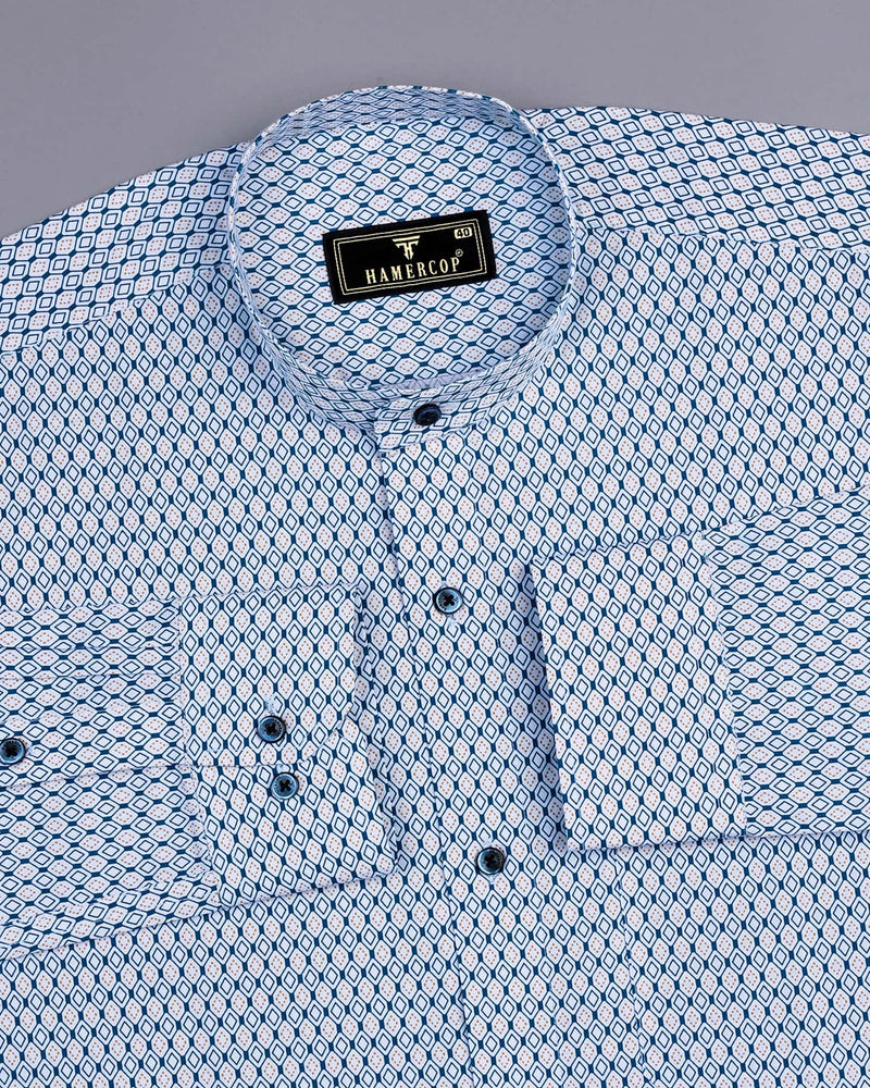 Blue With Yellow Diamond Shape Printed Cotton Shirt