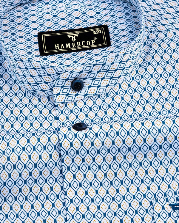 Blue With Yellow Diamond Shape Printed Cotton Shirt