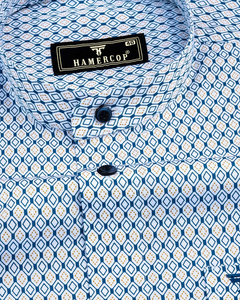 Blue With Yellow Diamond Shape Printed Cotton Shirt