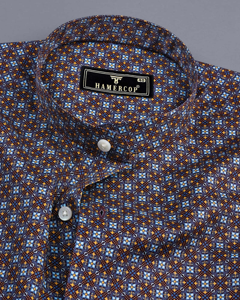 Brown With SkyBlue Ancient Geometrical Printed Cotton Shirt