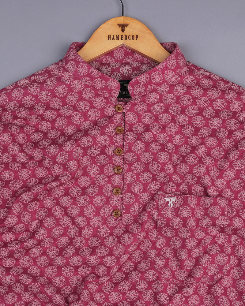 Pink Passion Flower Printed Dobby Cotton Shirt Style Kurta