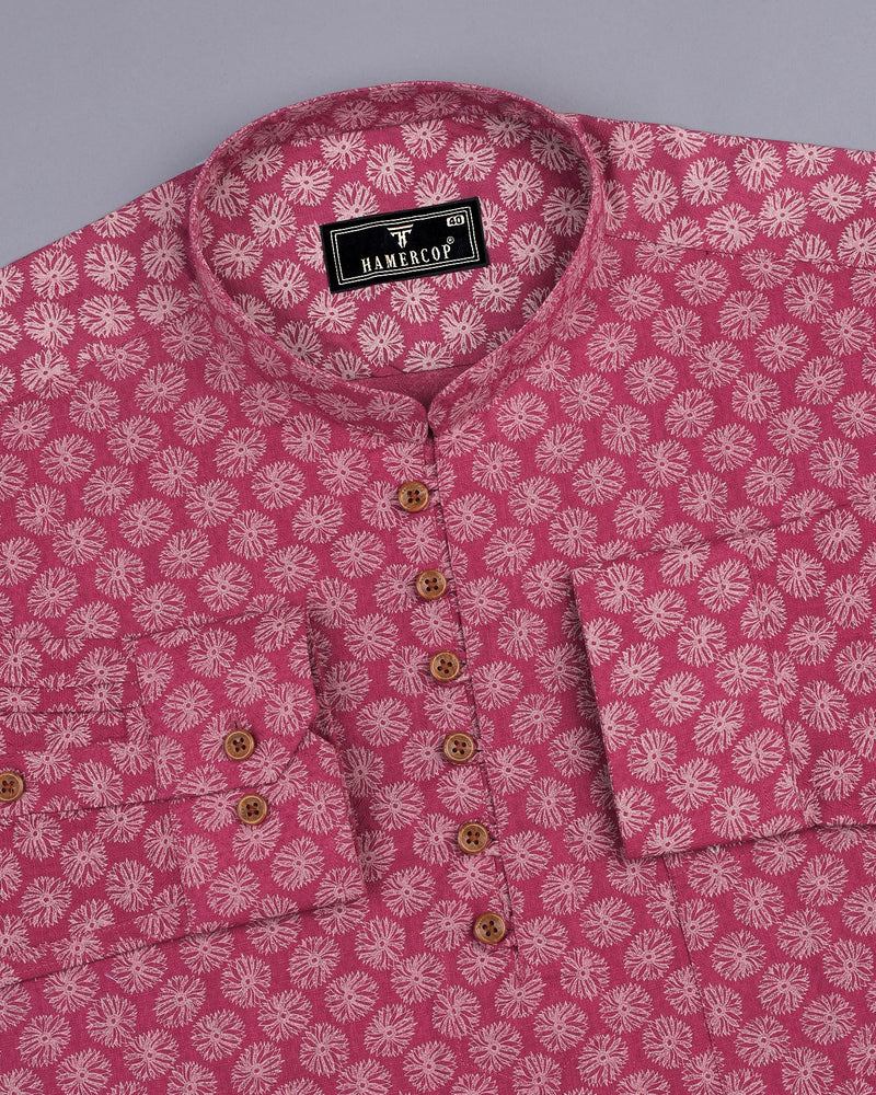 Pink Passion Flower Printed Dobby Cotton Shirt Style Kurta