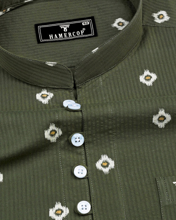 Artichoke Green Printed Seersucker Cotton Shirt Style Kurta