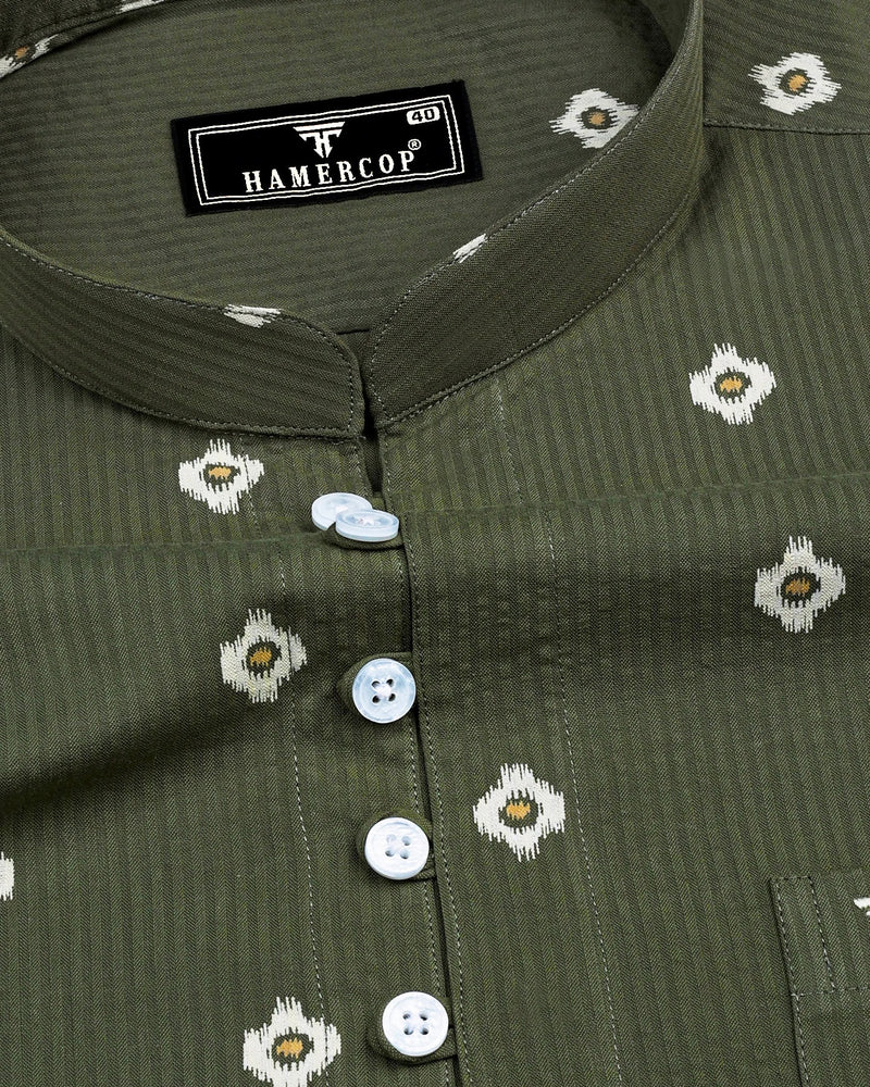 Artichoke Green Printed Seersucker Cotton Shirt Style Kurta