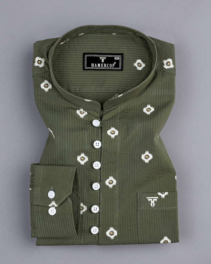 Artichoke Green Printed Seersucker Cotton Shirt Style Kurta