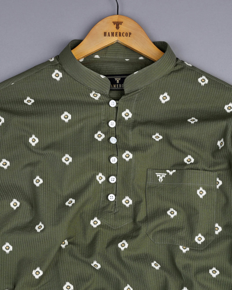 Artichoke Green Printed Seersucker Cotton Shirt Style Kurta