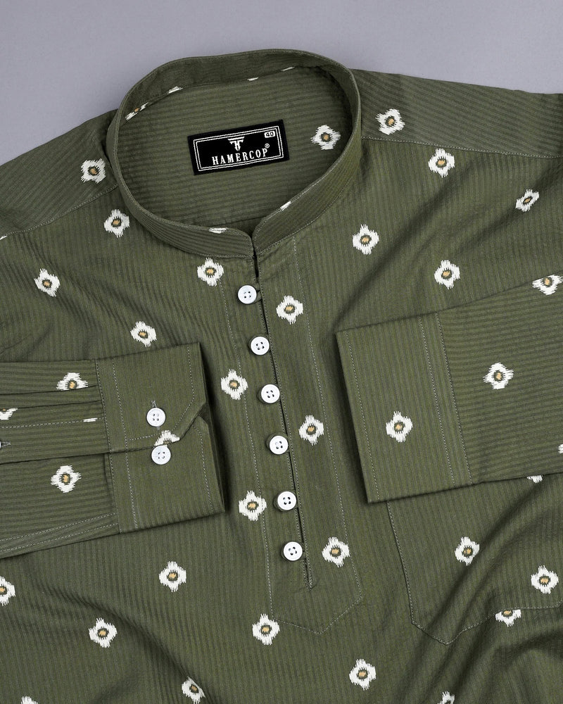 Artichoke Green Printed Seersucker Cotton Shirt Style Kurta