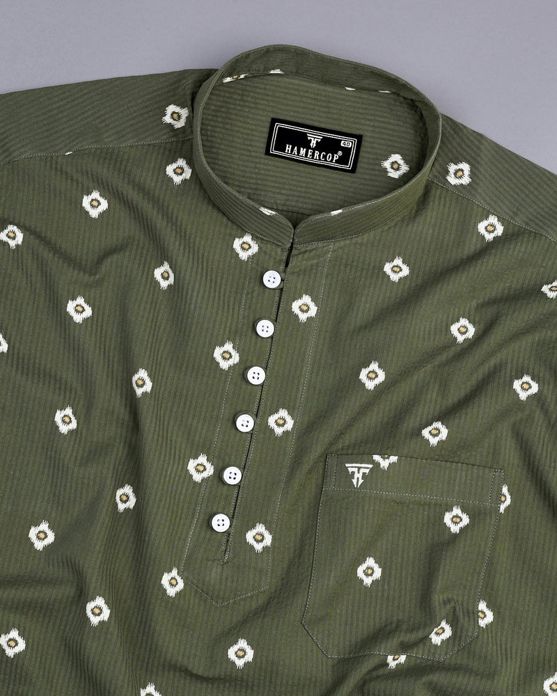 Artichoke Green Printed Seersucker Cotton Shirt Style Kurta