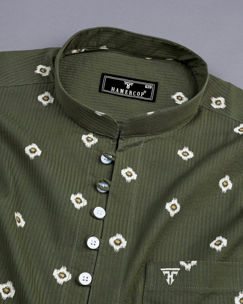 Artichoke Green Printed Seersucker Cotton Shirt Style Kurta
