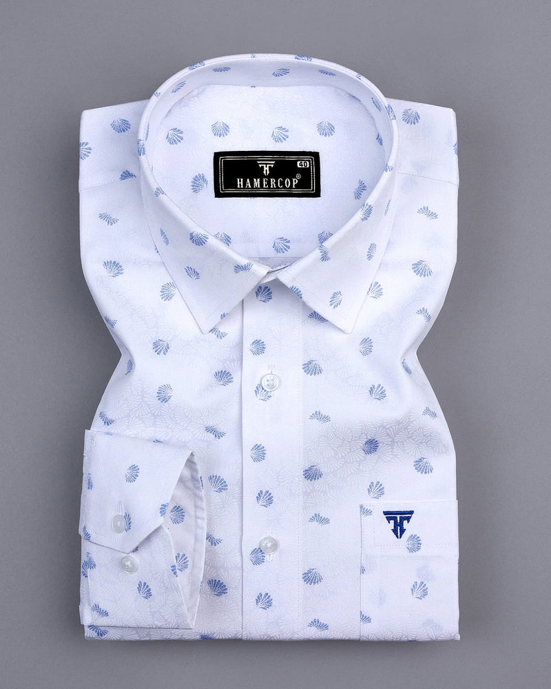 Pigeon Blue With White Printed Satin Cotton Shirt