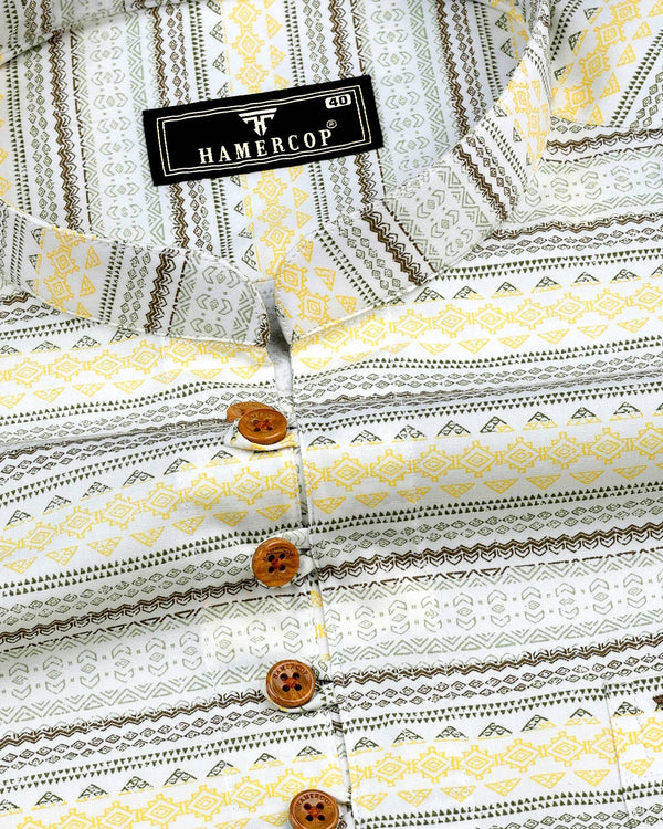 Yellow With Green Ancient Art Poplin Printed Cotton Shirt Style Kurta