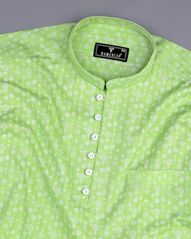 Modena Green Circle Chain Printed Linen Cotton Shirt Style Kurta