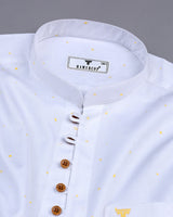 Sweden Yellow Dot Printed White Satin Cotton Shirt Style Kurta