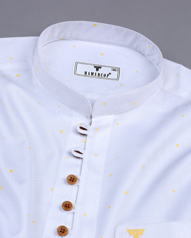 Sweden Yellow Dot Printed White Satin Cotton Shirt Style Kurta