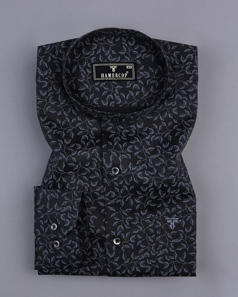 Luma Black Satin With Gray Leaf Printed Cotton Shirt
