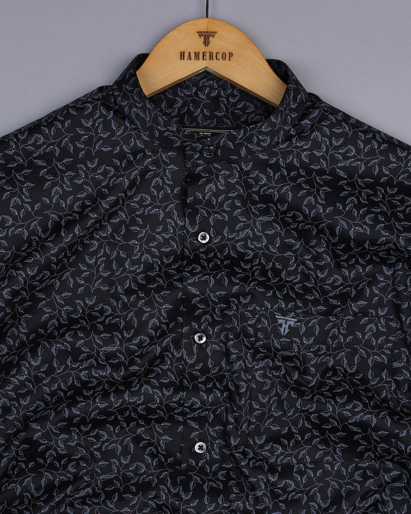 Luma Black Satin With Gray Leaf Printed Cotton Shirt