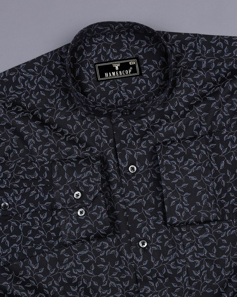 Luma Black Satin With Gray Leaf Printed Cotton Shirt
