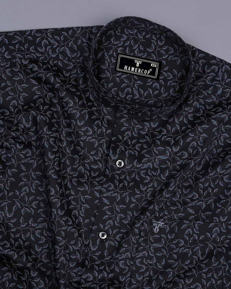 Luma Black Satin With Gray Leaf Printed Cotton Shirt