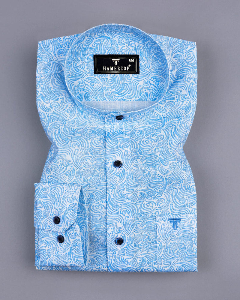 Clovis Blue Printed White Linen Cotton Shirt