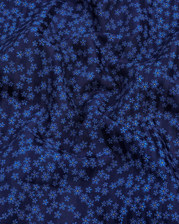 Blue Hibiscus Printed Self Weft Stripe Dobby Cotton Shirt