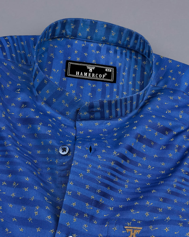 Mentha Blue Printed Self Weft Stripe Dobby Cotton Shirt