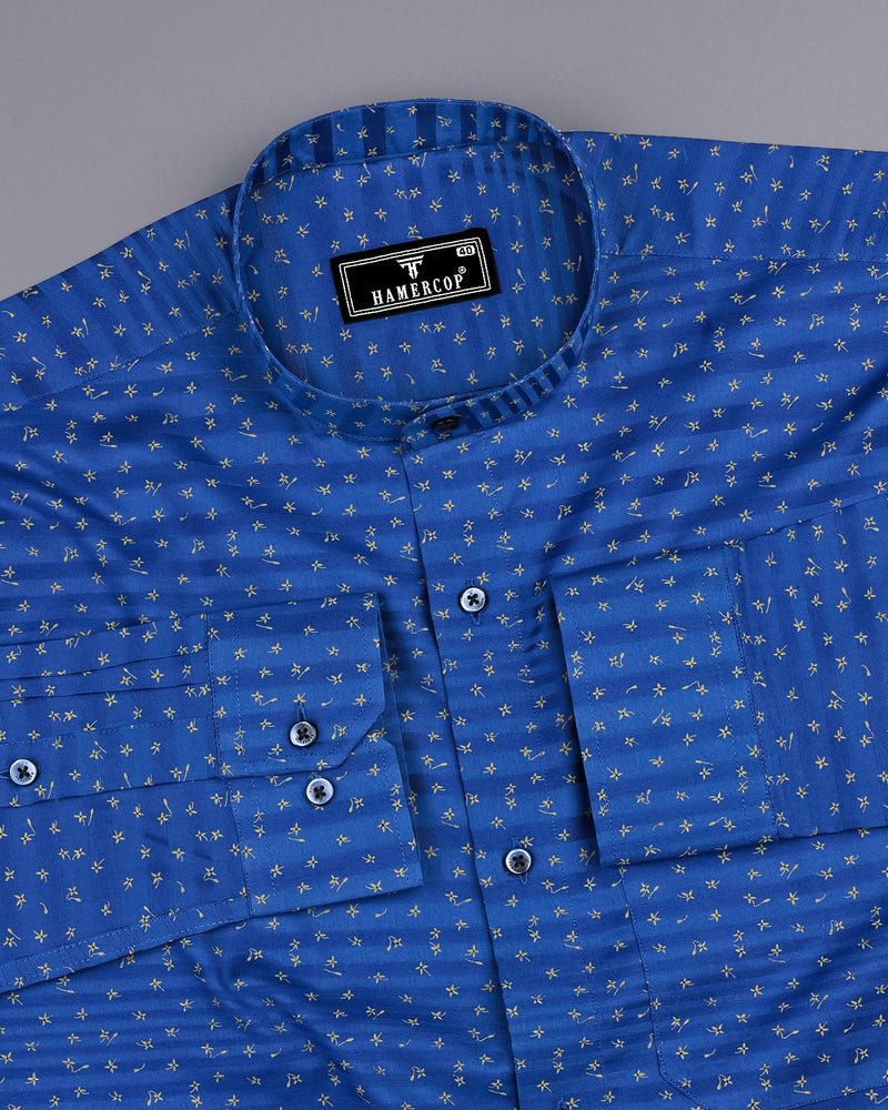 Mentha Blue Printed Self Weft Stripe Dobby Cotton Shirt