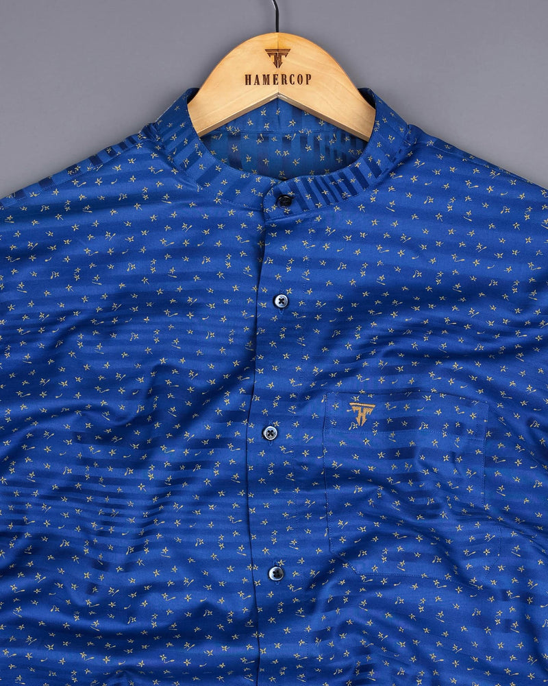 Mentha Blue Printed Self Weft Stripe Dobby Cotton Shirt
