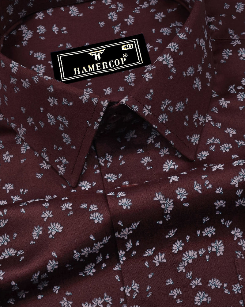 Russet Brown With Pink Printed Satin Cotton Shirt
