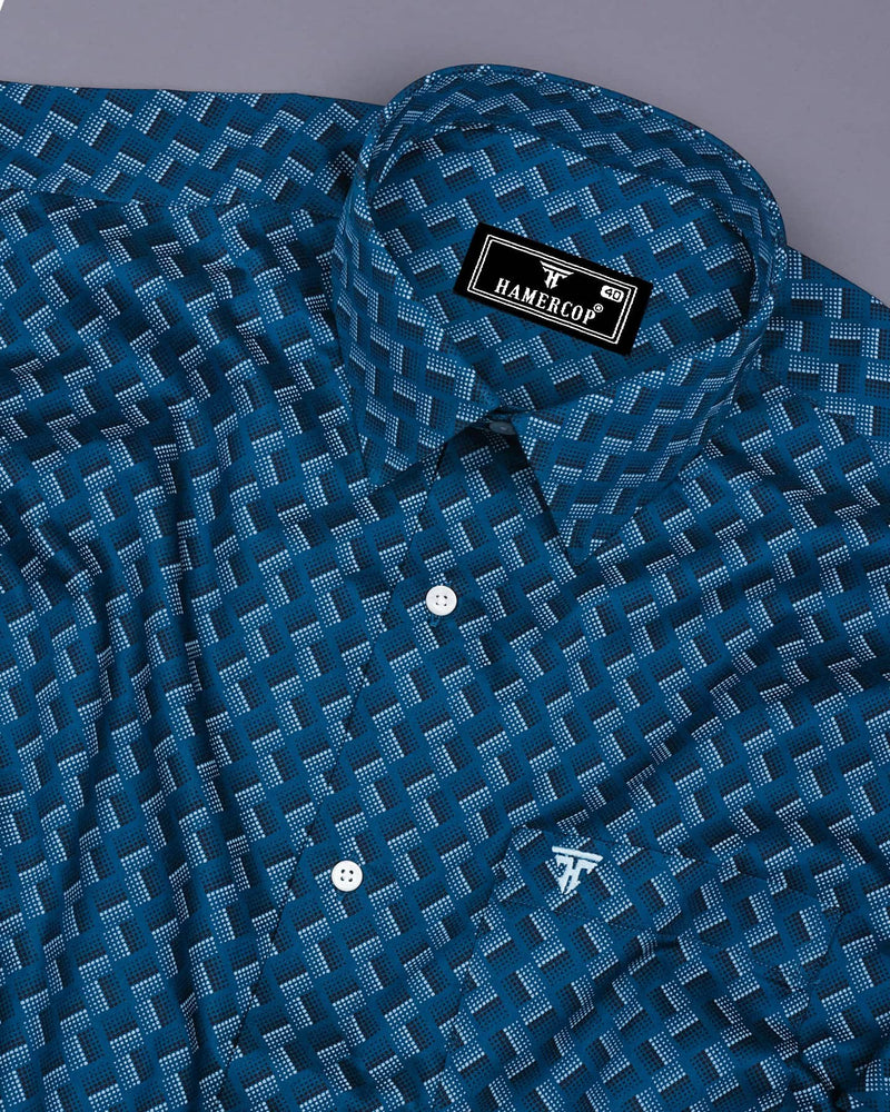 French Blue With White And Black Printed Premium Cotton Shirt